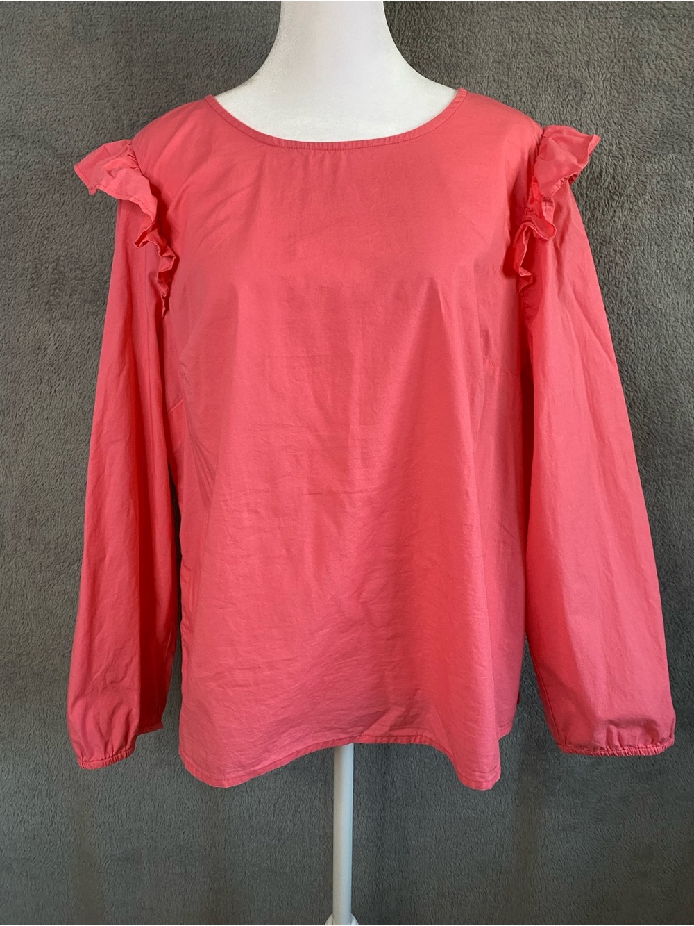 J. Crew Coral Pink Ruffle Shoulder Cotton Blouse XL Elastic Cuffs Boho Coquette